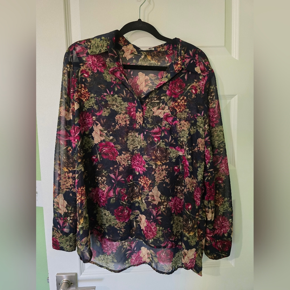 Plieone Sheer Floral Long Sleeve Women's Top